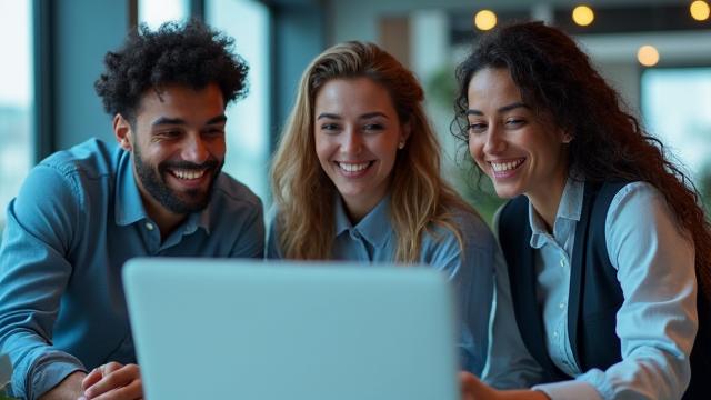 Diverse team of Tech Riso experts collaborating cheerfully in a modern workspace, embodying approachable expertise.