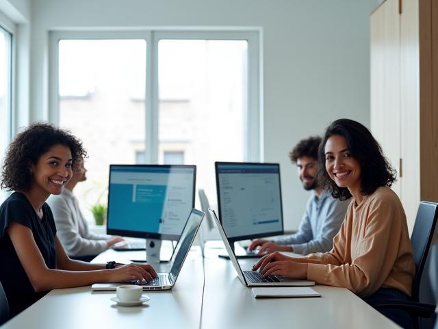 Team working efficiently in a modern, clean small office environment, free from IT stress with Tech Riso's support