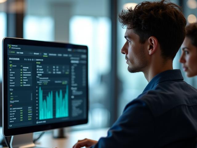 Small business owner looking at computer screen with graphs