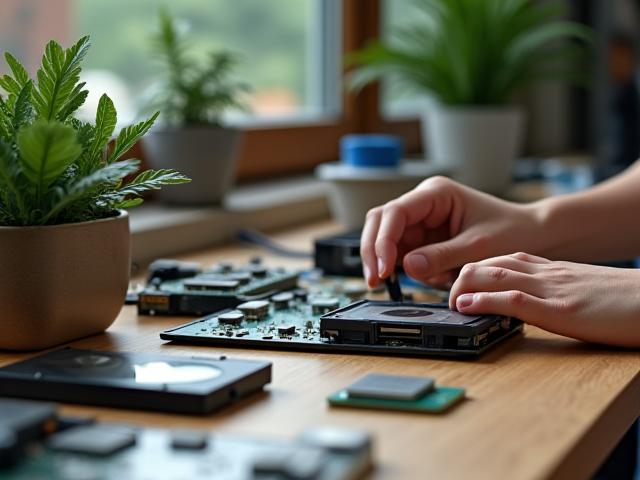 Person assembling computer components from recycled parts