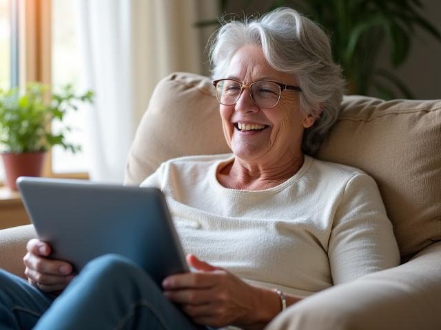 Senior woman happily using a tablet with a cup of tea