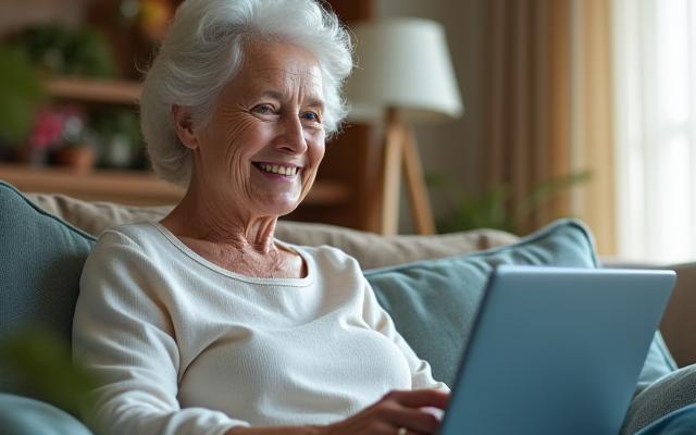 Smiling senior woman video calling with family on a laptop, surrounded by soft light, representing connection and ease of technology.